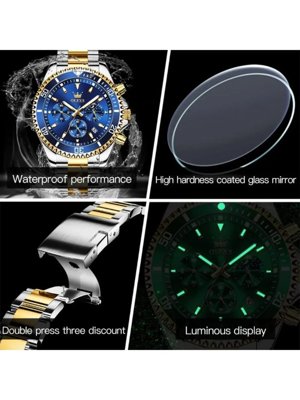 Men's Silver Blue Stainless Steel Chronograph Analog Waterproof Luxury Watch